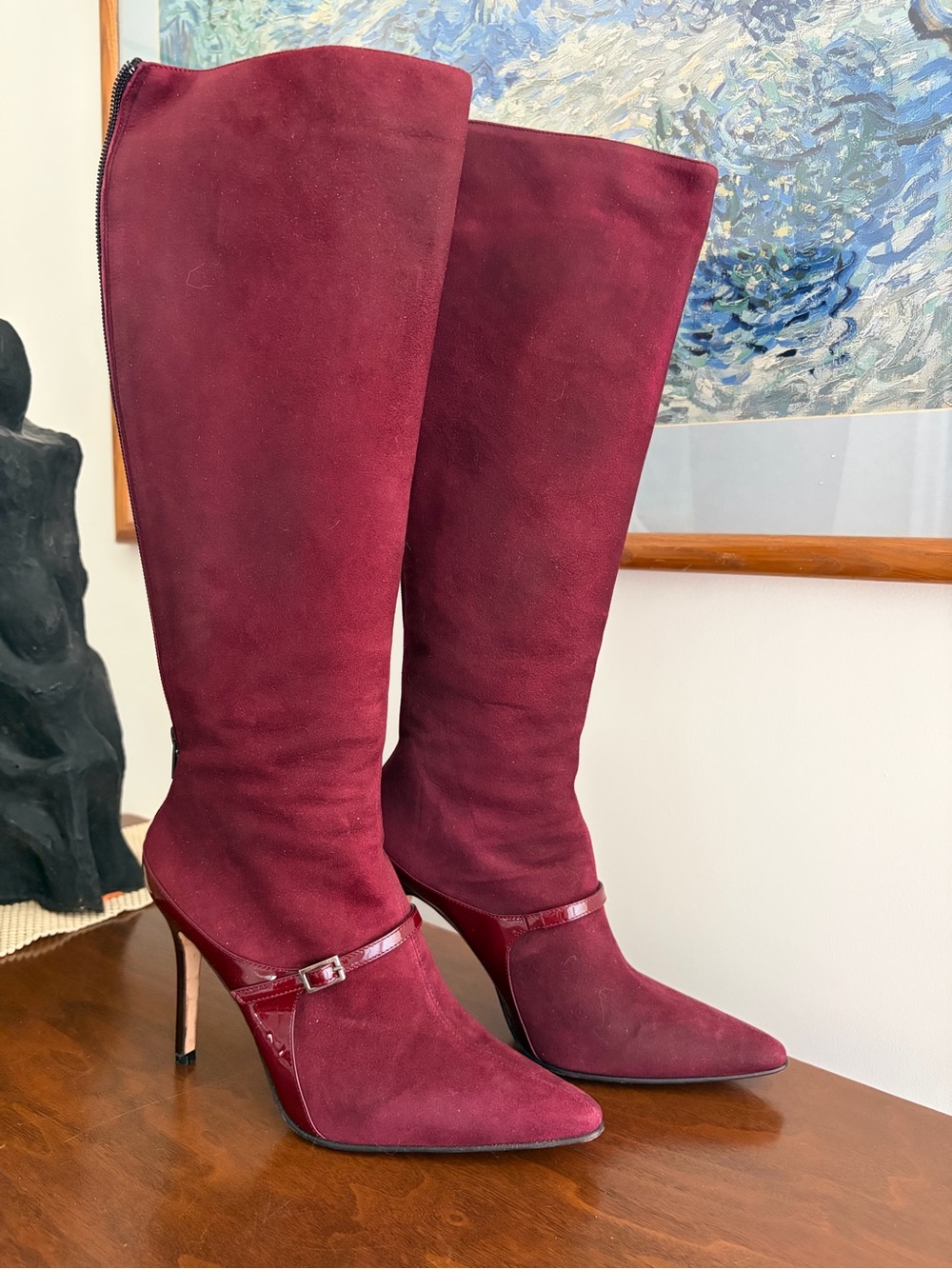 Burgundy Suede Knee-High Heeled Boots